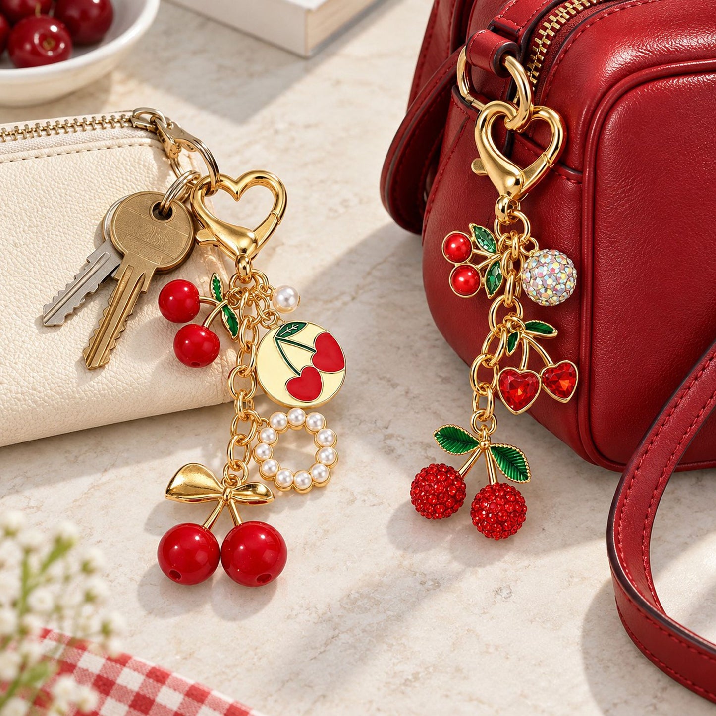 Crystal Cherry Bag Charm Gold-Tone Fruit Keychain Set