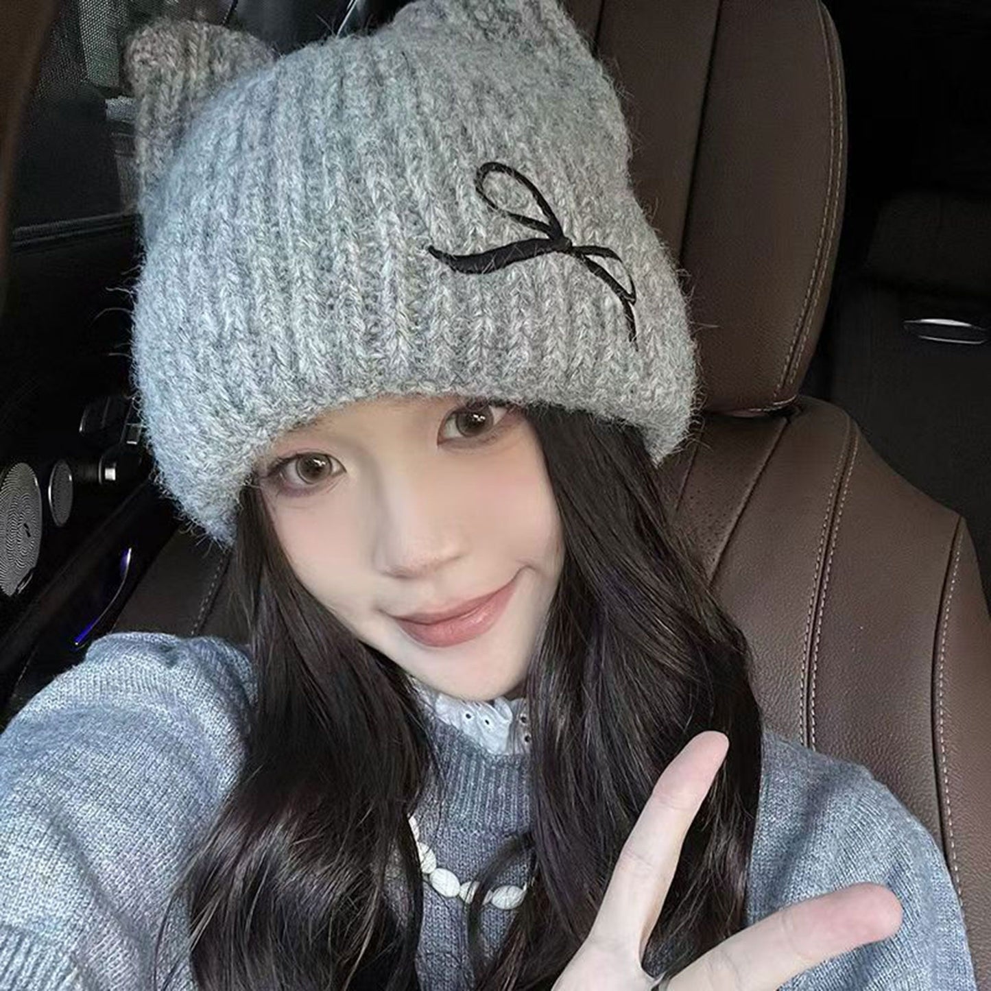 Cat Ear Knit Beanie - Fluffy Faux Fur Hat with Bow Embroidery