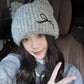 Cat Ear Knit Beanie - Fluffy Faux Fur Hat with Bow Embroidery