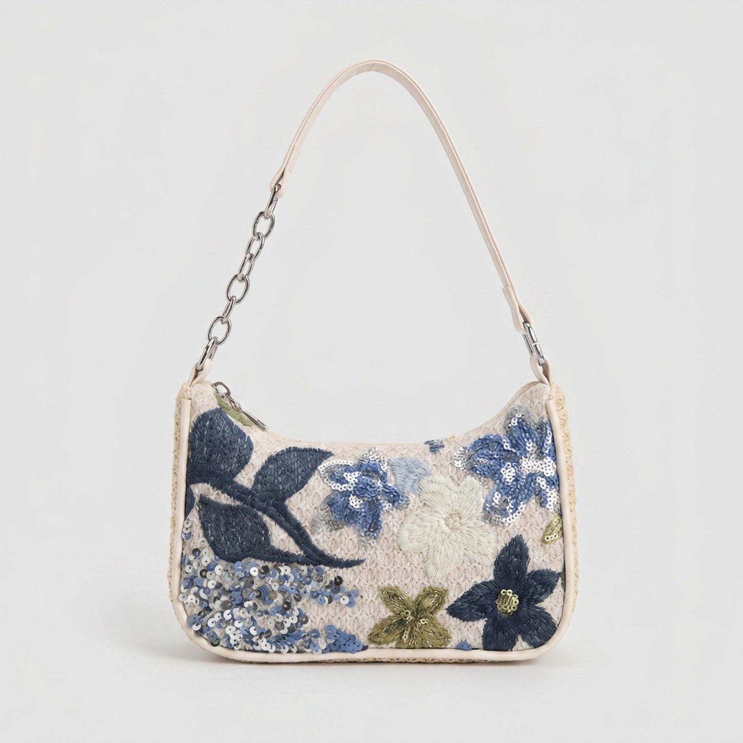 Floral Embroidered Shoulder Bag with Sequin Accents Chain Strap Detail Crescent Handbag 10x5x2.5 in