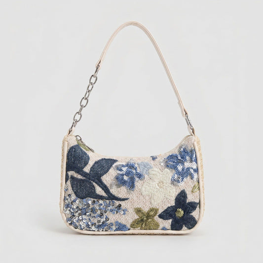 Floral Embroidered Shoulder Bag with Sequin Accents Chain Strap Detail Crescent Handbag 10x5x2.5 in