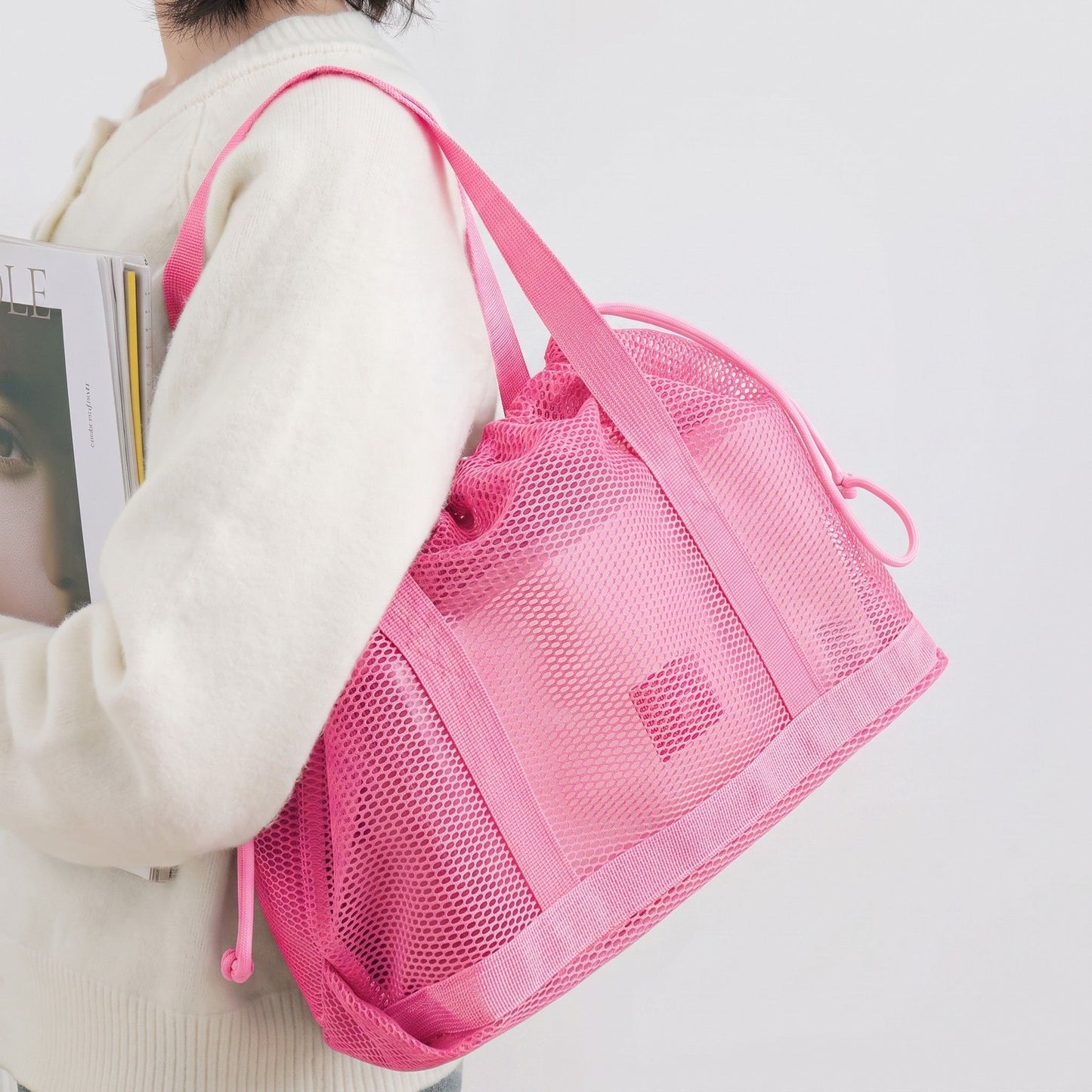 Mesh Drawstring Tote Bag with Carry Handles and Organizer Pouch