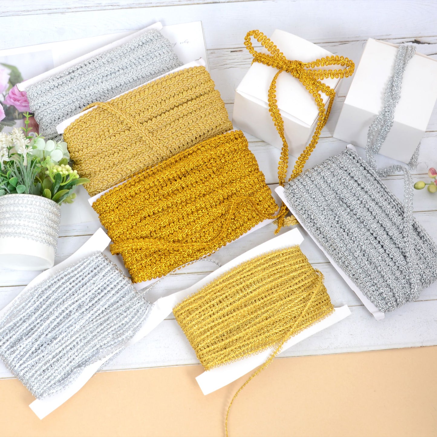 Gimp Braid Trim, 27 Yards Gold and Silver Metallic Edge Woven Trim, Curtain Slipcover Costume Decoration Sewing DIY Craft