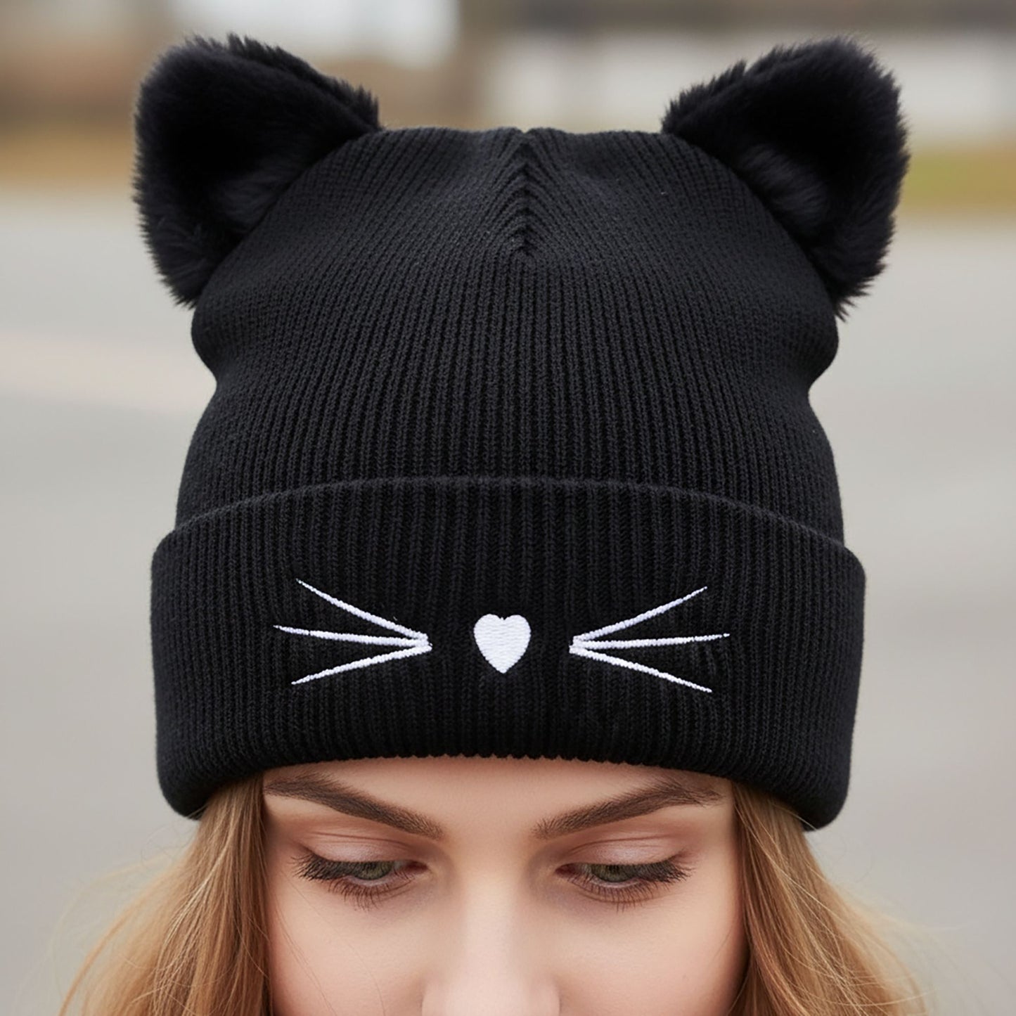 Cat Ear Knit Beanie - Faux Fur Ears with Valentine Heart Whisker Embroidery for Cute Casual Winter Wear