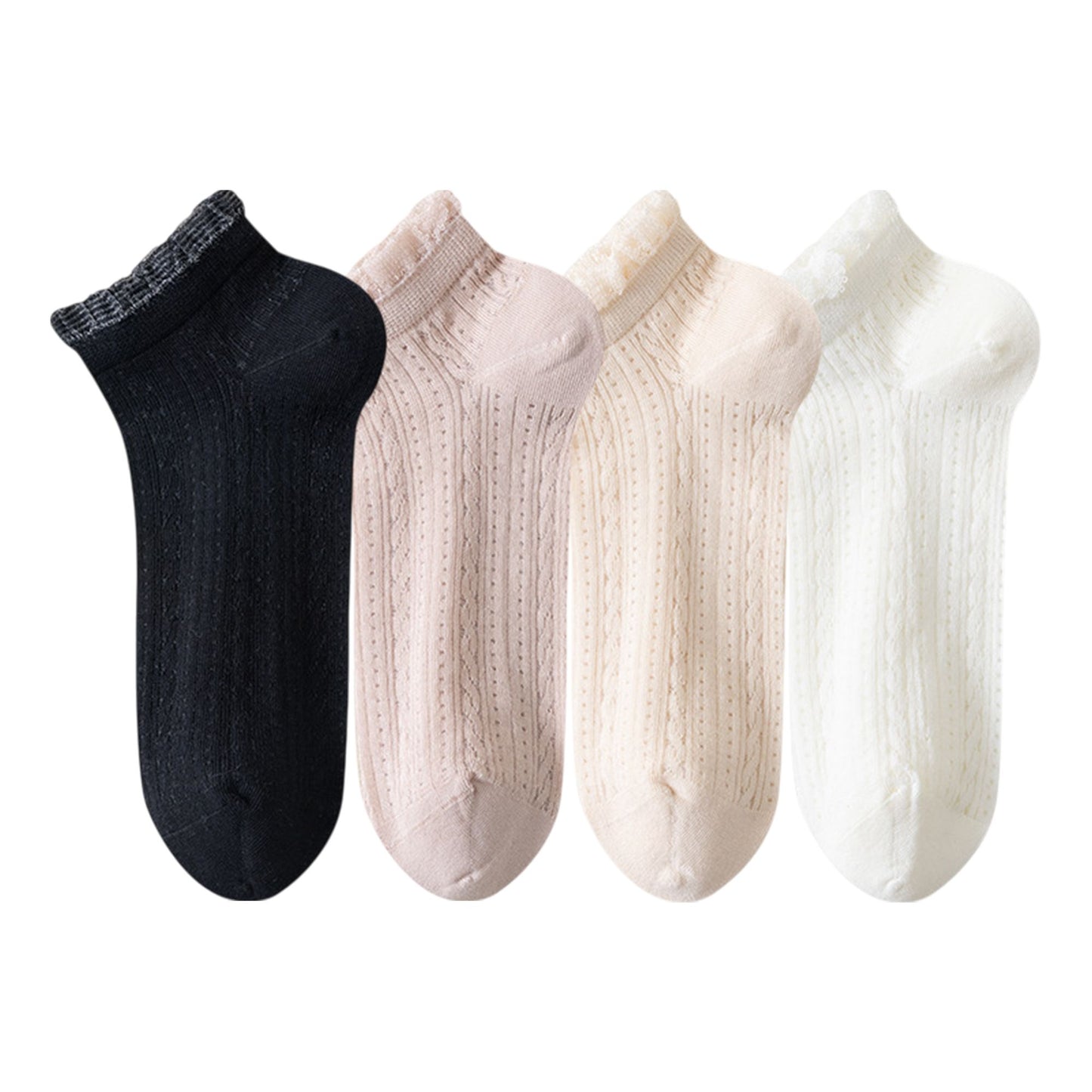 4-Pair Pack Breathable Lace Trim Ankle Socks with Open Knit Mesh Texture and Cotton Comfort