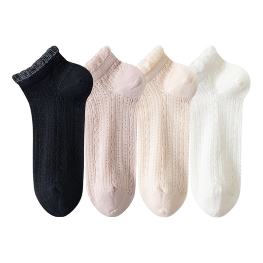 4-Pair Pack Breathable Lace Trim Ankle Socks with Open Knit Mesh Texture and Cotton Comfort
