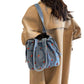 Embroidered Cherry Denim Drawstring Bag with Fixed Shoulder Strap