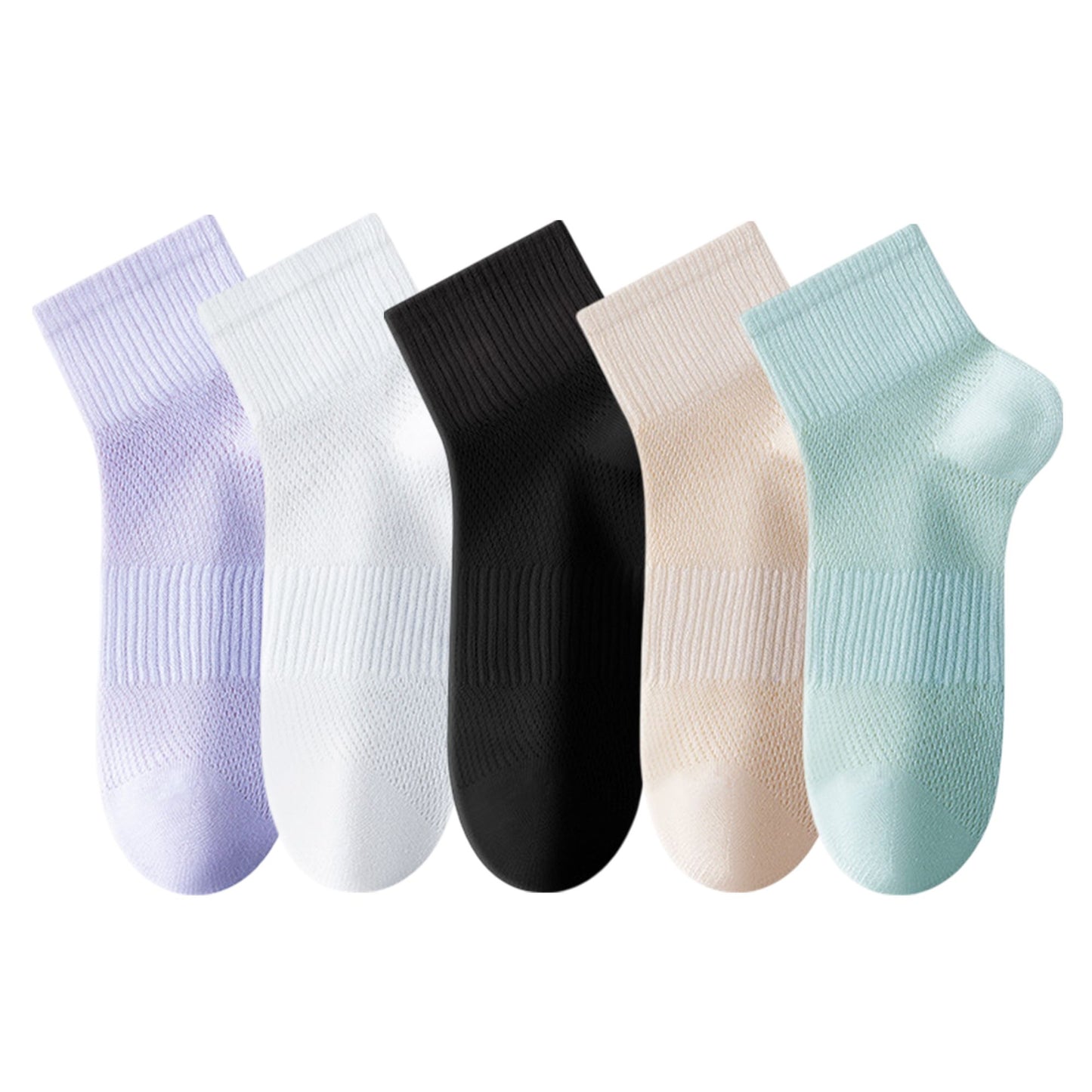 Womens Lightweight Breathable Ankle Socks 5-Pack Cushioned Sole Mesh Texture Soft Stretch Comfort Fit