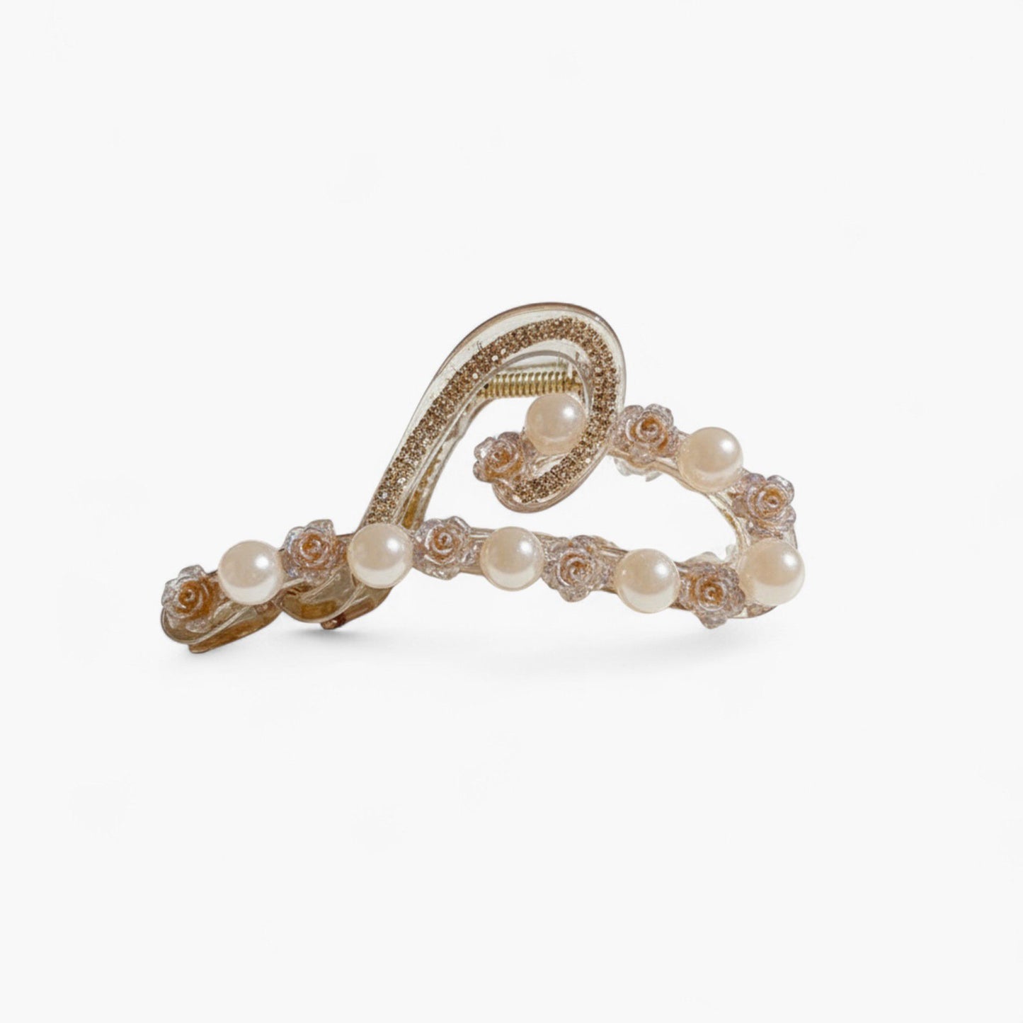 Beaded Flower Metal Hair Claw Clip with Curved Design and Textured Accents