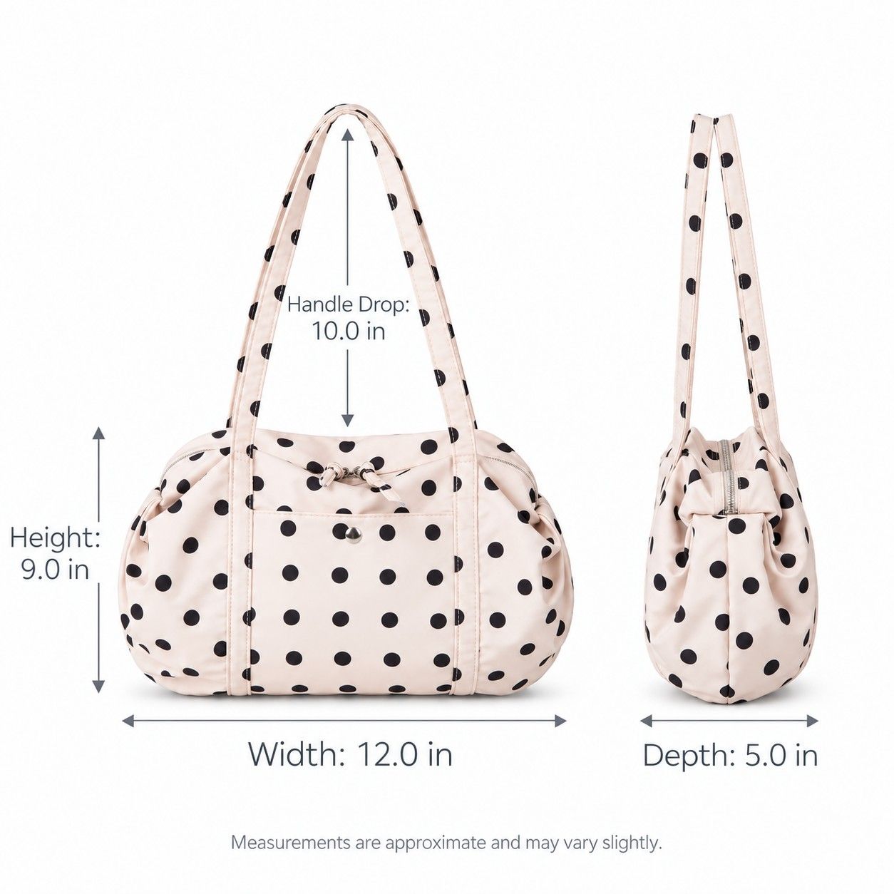 Polka Dot Nylon Barrel Shoulder Bag with Double Handles Zip Closure and Interior Pockets