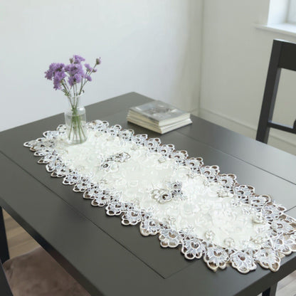 Embroidered Lace Table Runner with Floral Detailing and Scalloped Edges 33.5x33.5 in