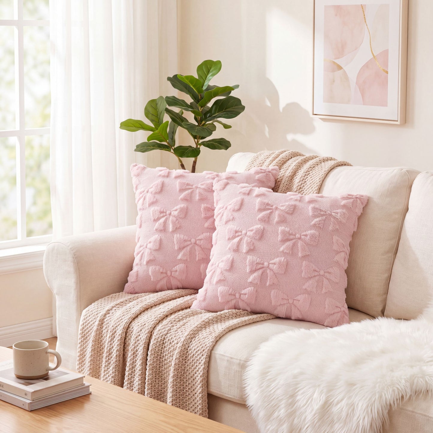 Plush Bow Textured Throw Pillow Cover Soft Decorative Cushion Cover for Sofa Bed Chair