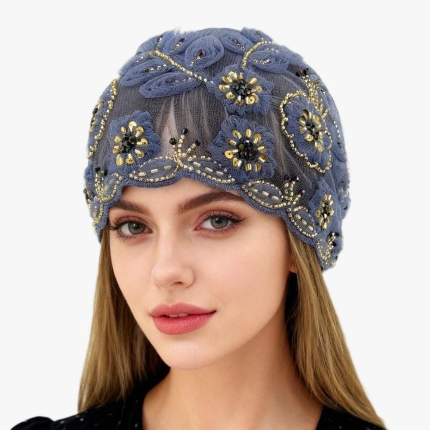 Floral Beaded Mesh Cloche Cap with Scalloped Trim