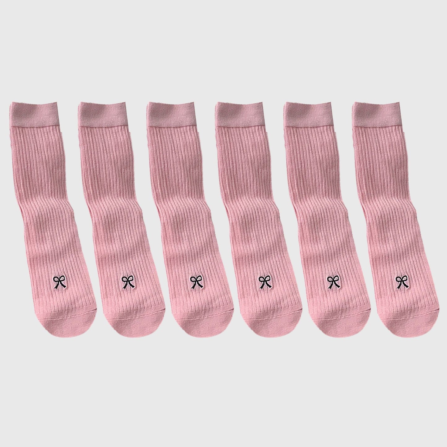 Ribbed Ankle Socks with Bow Embroidery 6Pk