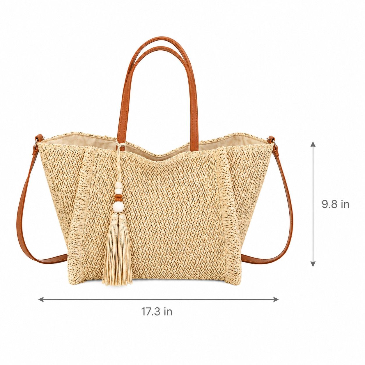 Fringe Woven Tote Bag with Detachable Strap Zip Closure and Tassel Accent