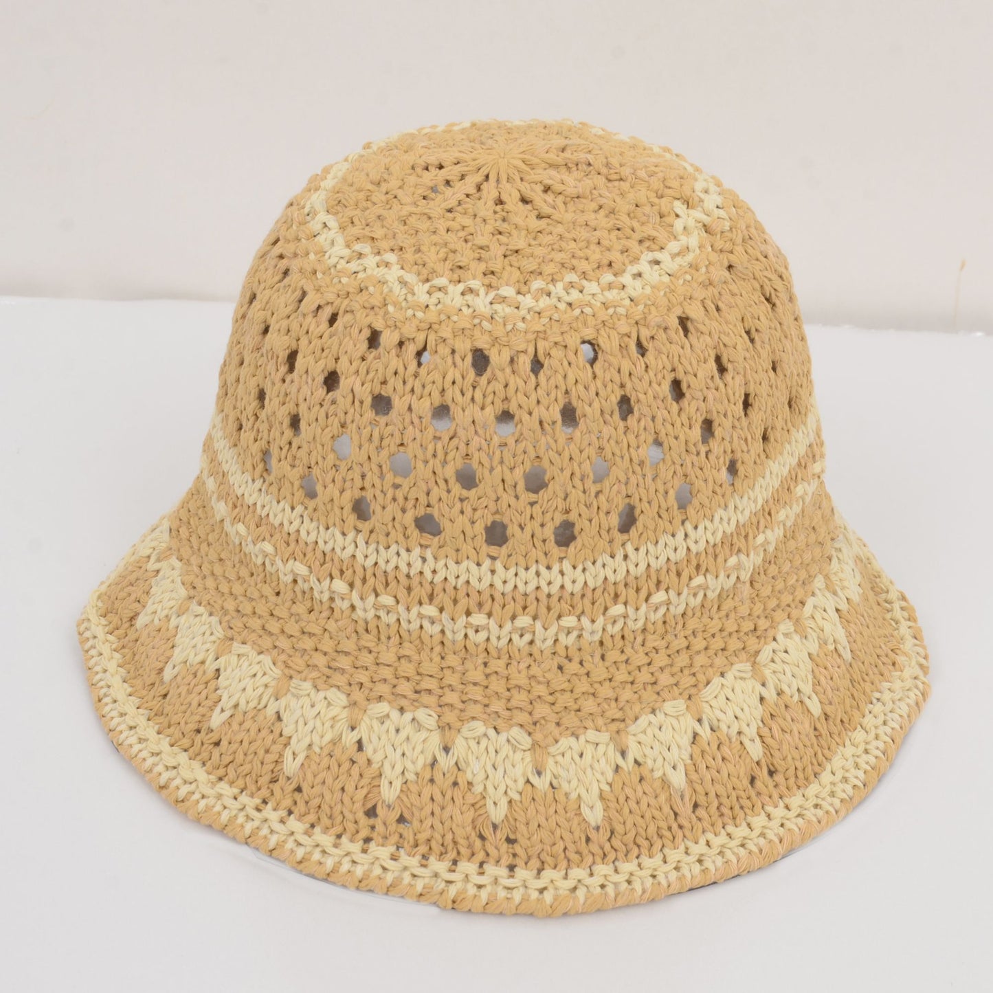 Crochet Knit Bucket Hat with Openwork Floral Pattern and Rolled Brim for Lightweight Summer Style