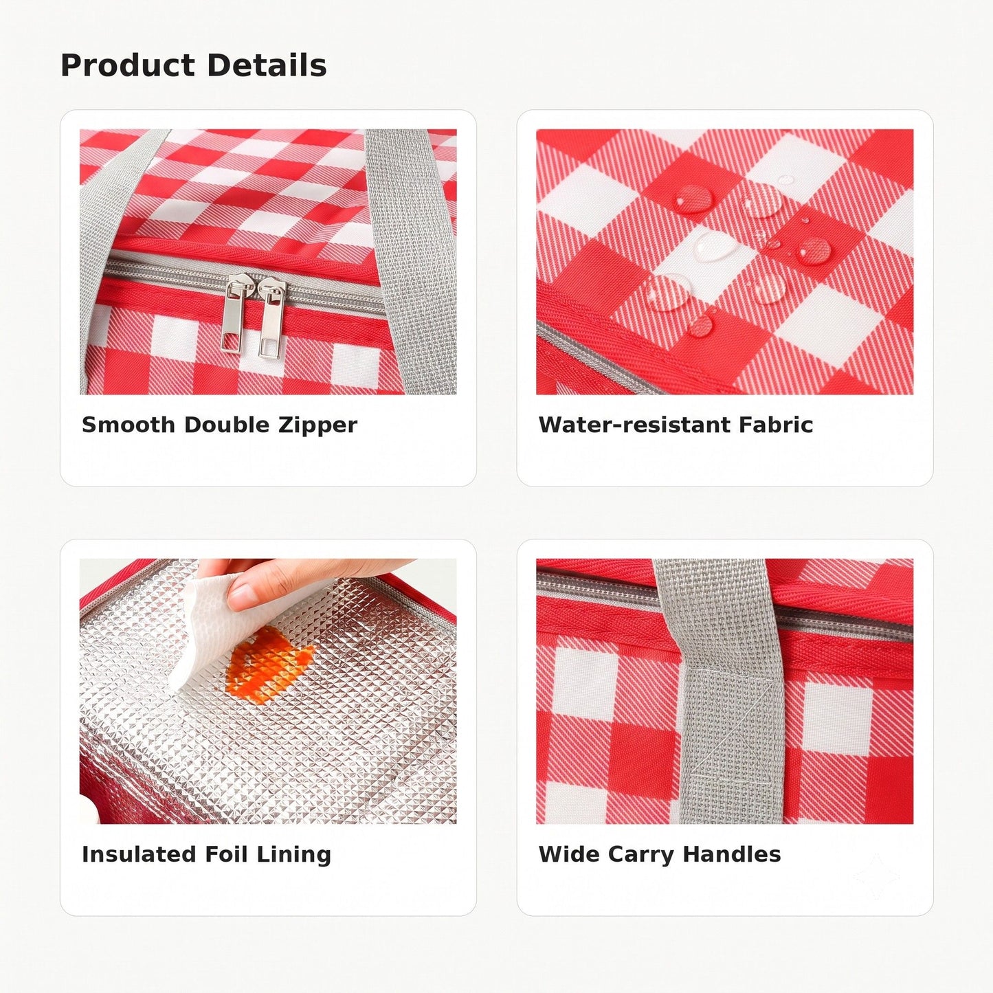 Insulated Picnic Lunch Bag with Zip Closure and Carry Handles