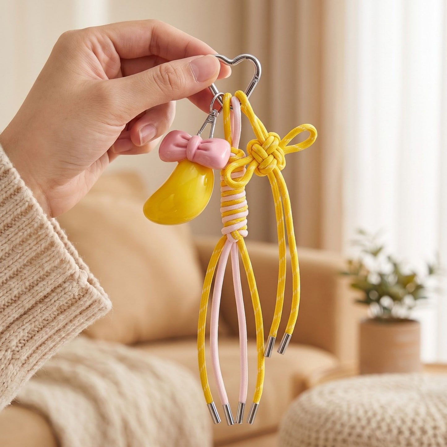 Braided Cord Bag Charm with Bow and Heart Clip