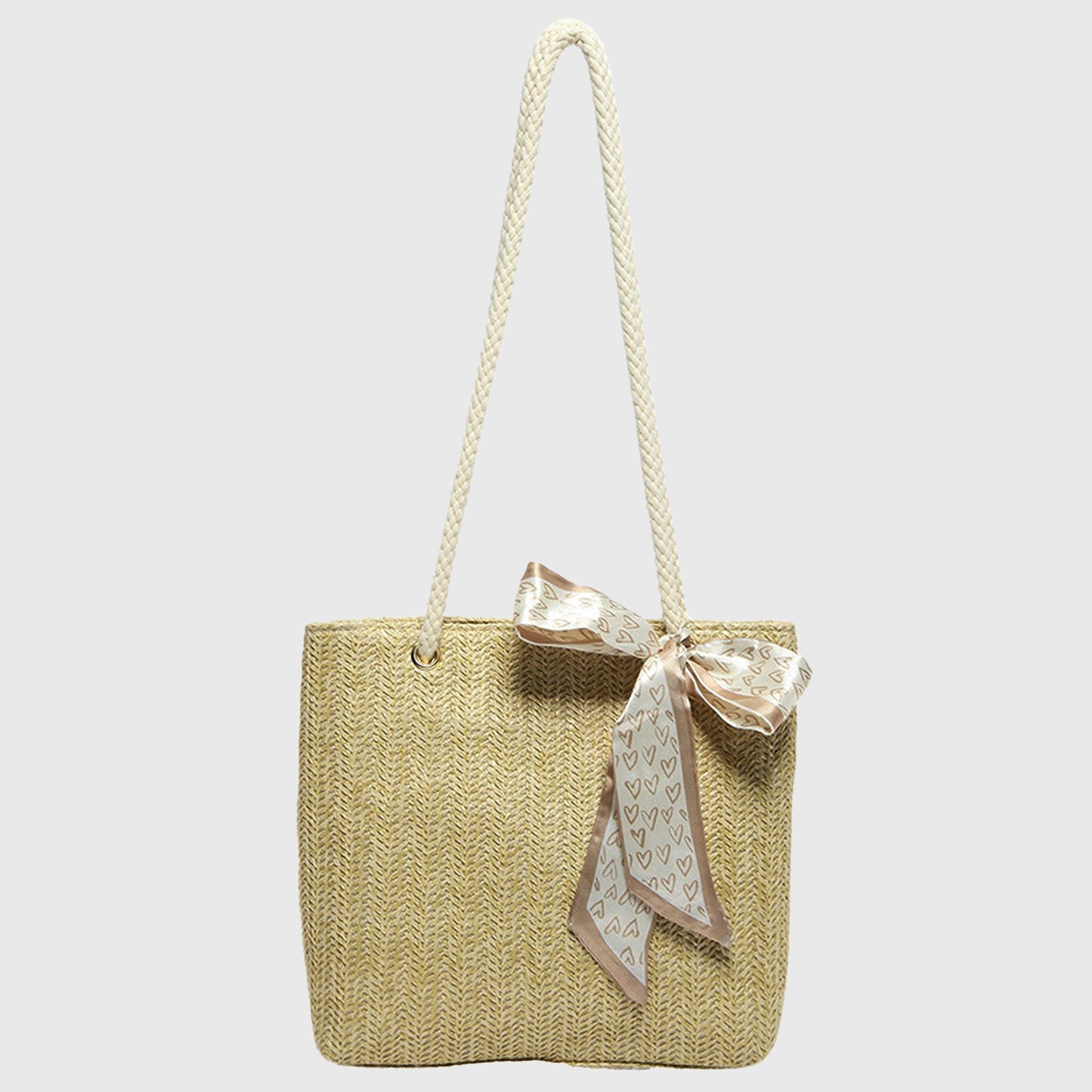 Straw Woven Tote Bag with Bow Accent - Lightweight Summer Shoulder Bag