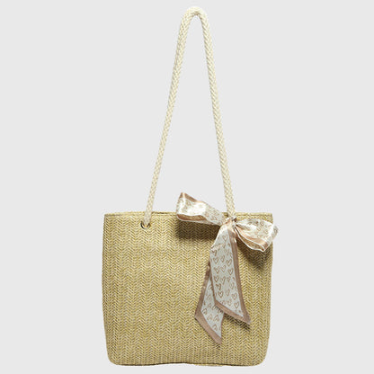 Straw Woven Tote Bag with Bow Accent - Lightweight Summer Shoulder Bag