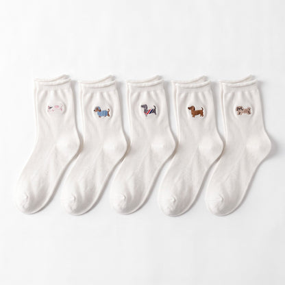 5-Pair Embroidered Dog Crew Socks Set, Soft Ribbed Knit Casual Hosiery
