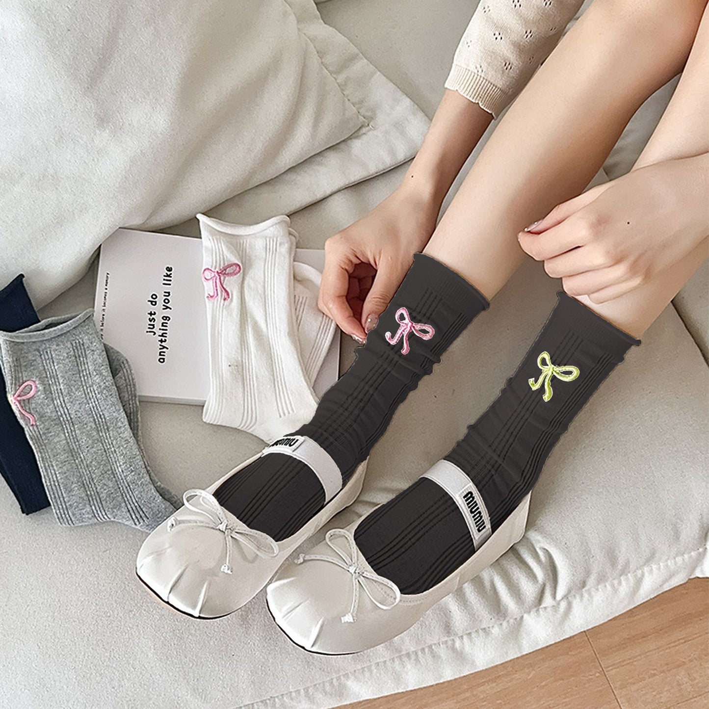 Adorable Bow-Embroidered Ribbed Ankle Socks 5Pk