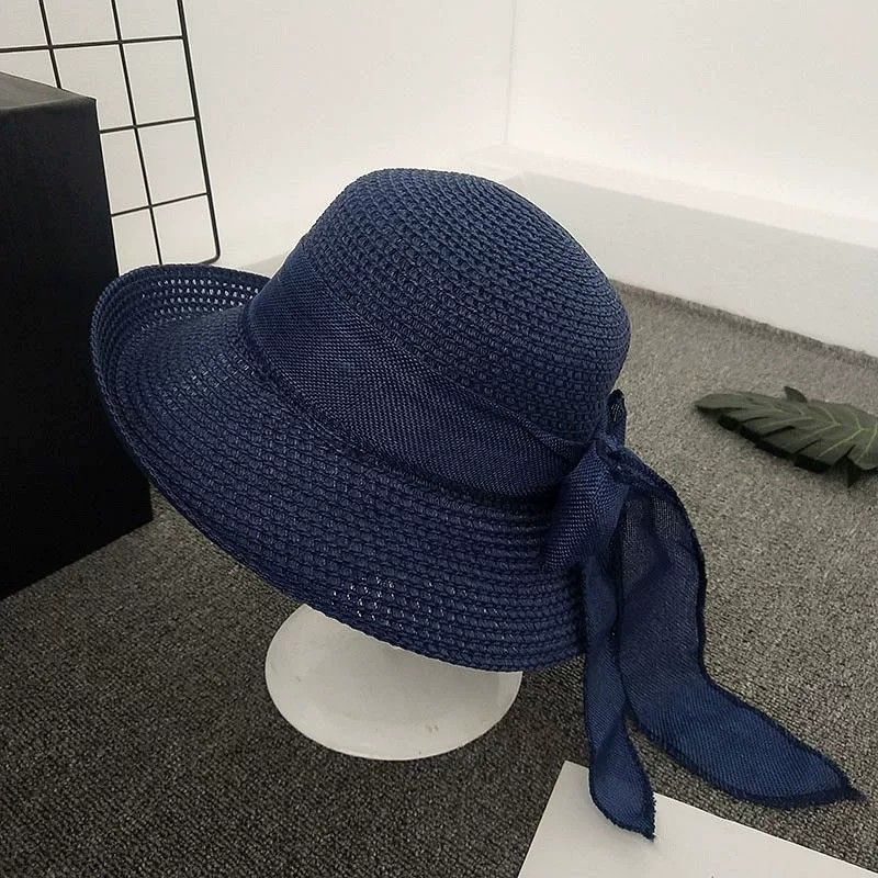 Women Straw Sun Hat Wide Brim Woven Beach Hat Bow Tie Detail Breathable Summer Hat