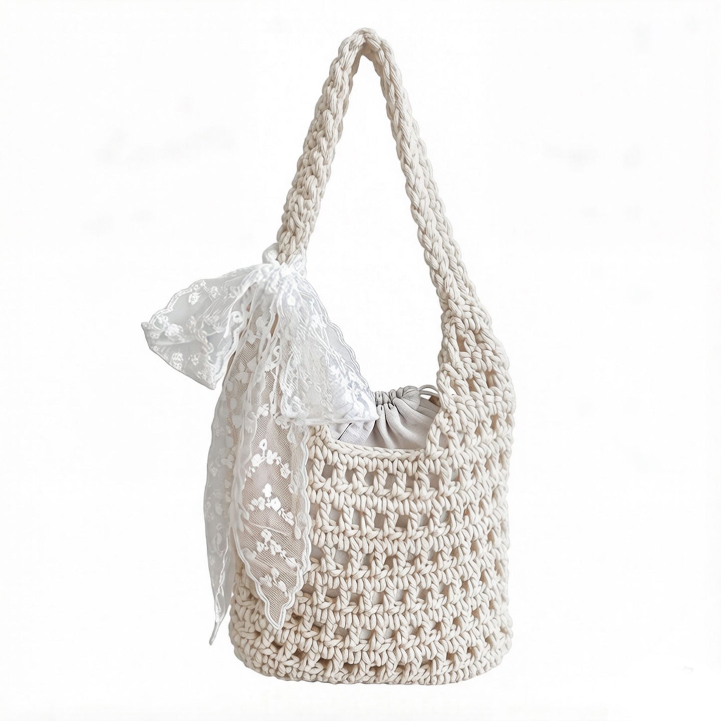 Crochet Shoulder Bag with Lace Bow Detail Knit Bucket Handbag Drawstring Lined Casual Everyday Tote