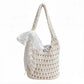 Crochet Shoulder Bag with Lace Bow Detail Knit Bucket Handbag Drawstring Lined Casual Everyday Tote