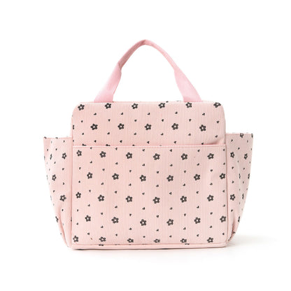 Corduroy Insulated Lunch Bag Large Capacity Floral Lunch Tote with Front and Side Pockets