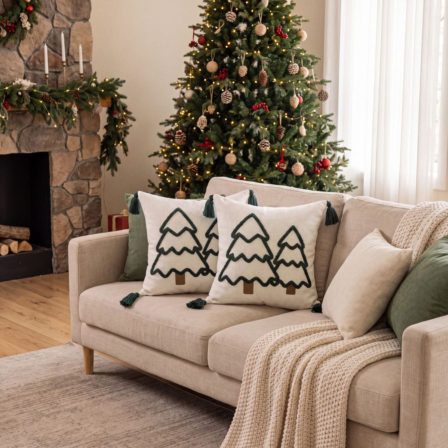 Christmas Tree Tufted Square Throw Pillow Cover with Tassels Holiday Decor