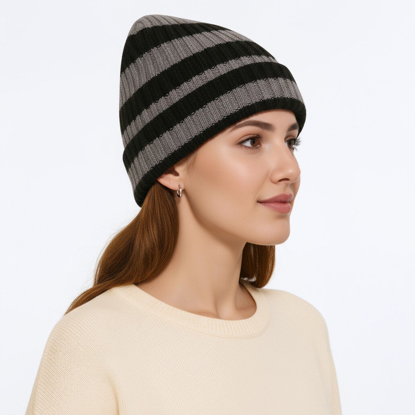 Unisex Striped Knit Beanie Hat Cuffed Warm Winter Cap
