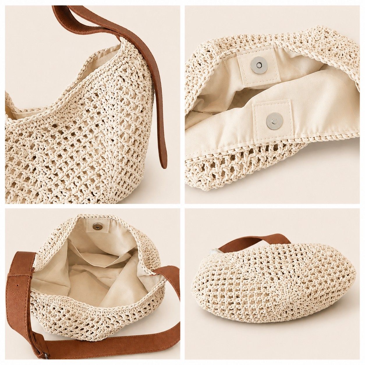 Woven Hobo Shoulder Bag with Magnetic Closure and Adjustable Strap
