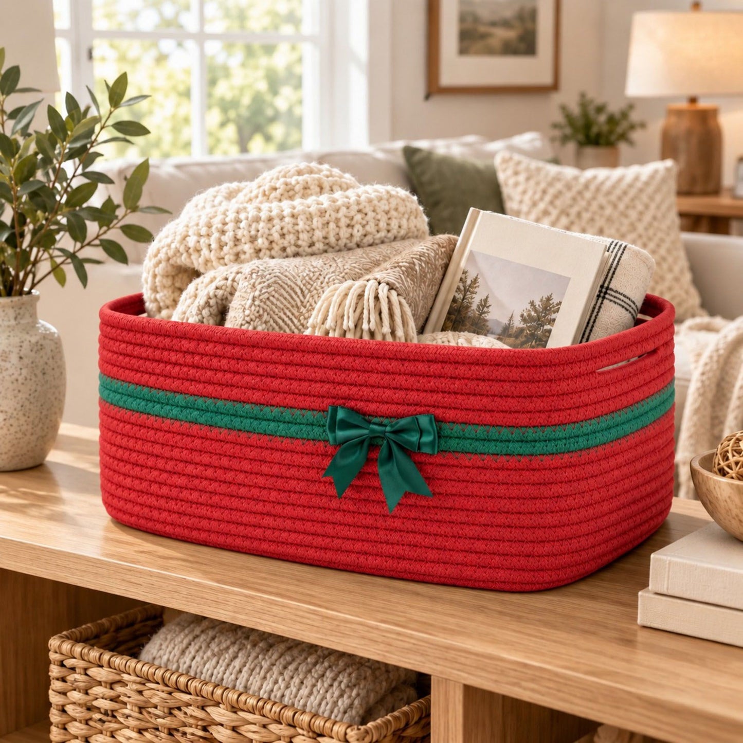 Woven Cotton Cord Rectangular Holiday Storage Basket with Bow