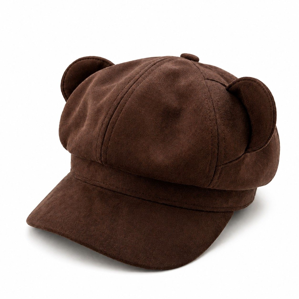 Faux Suede Bear Ear Newsboy Cap Cute Short Brim Baker Boy Hat