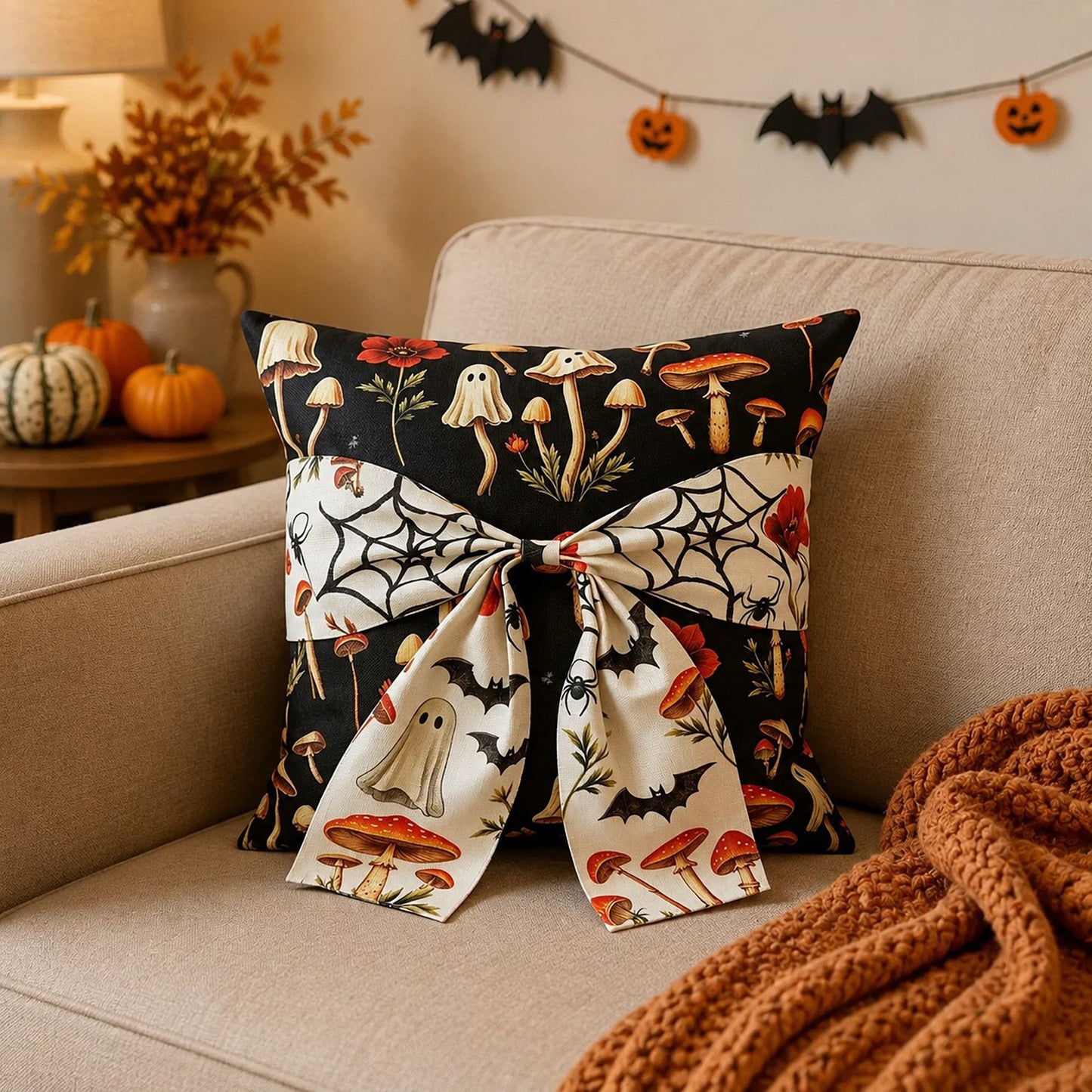 Halloween Throw Pillow Cover with Decorative Bow 18 x 18 Inch