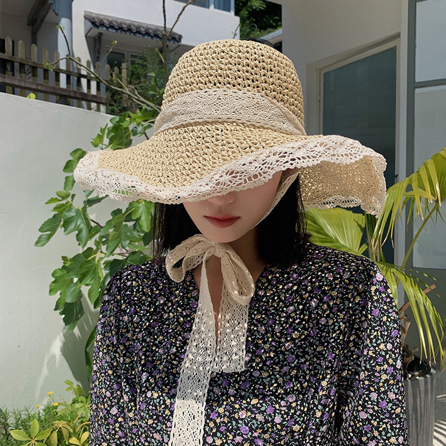Crochet Straw Sun Hat with Lace Trim & Bow