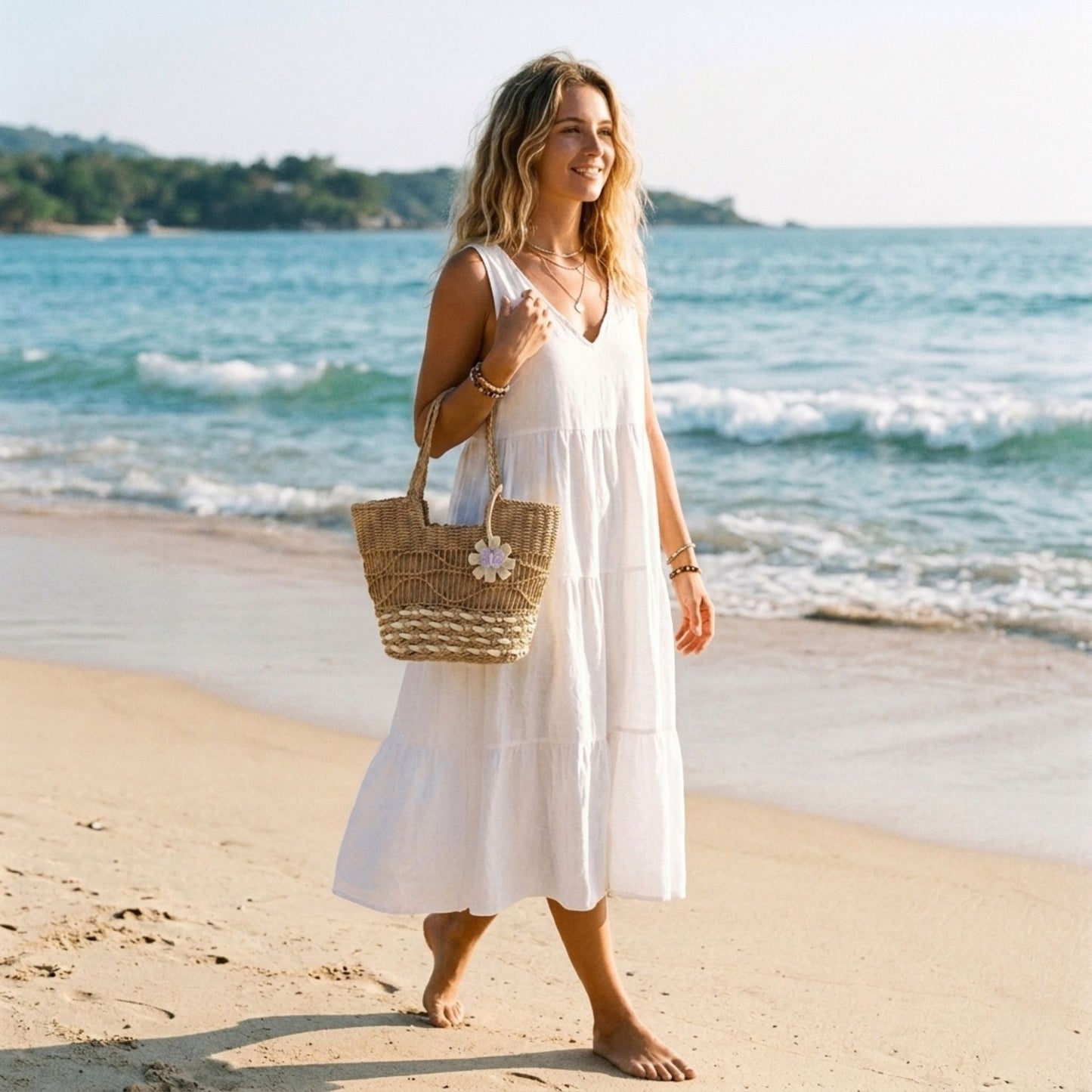 Woven Look Straw Tote Bag with Braided Handles and Charm Detail
