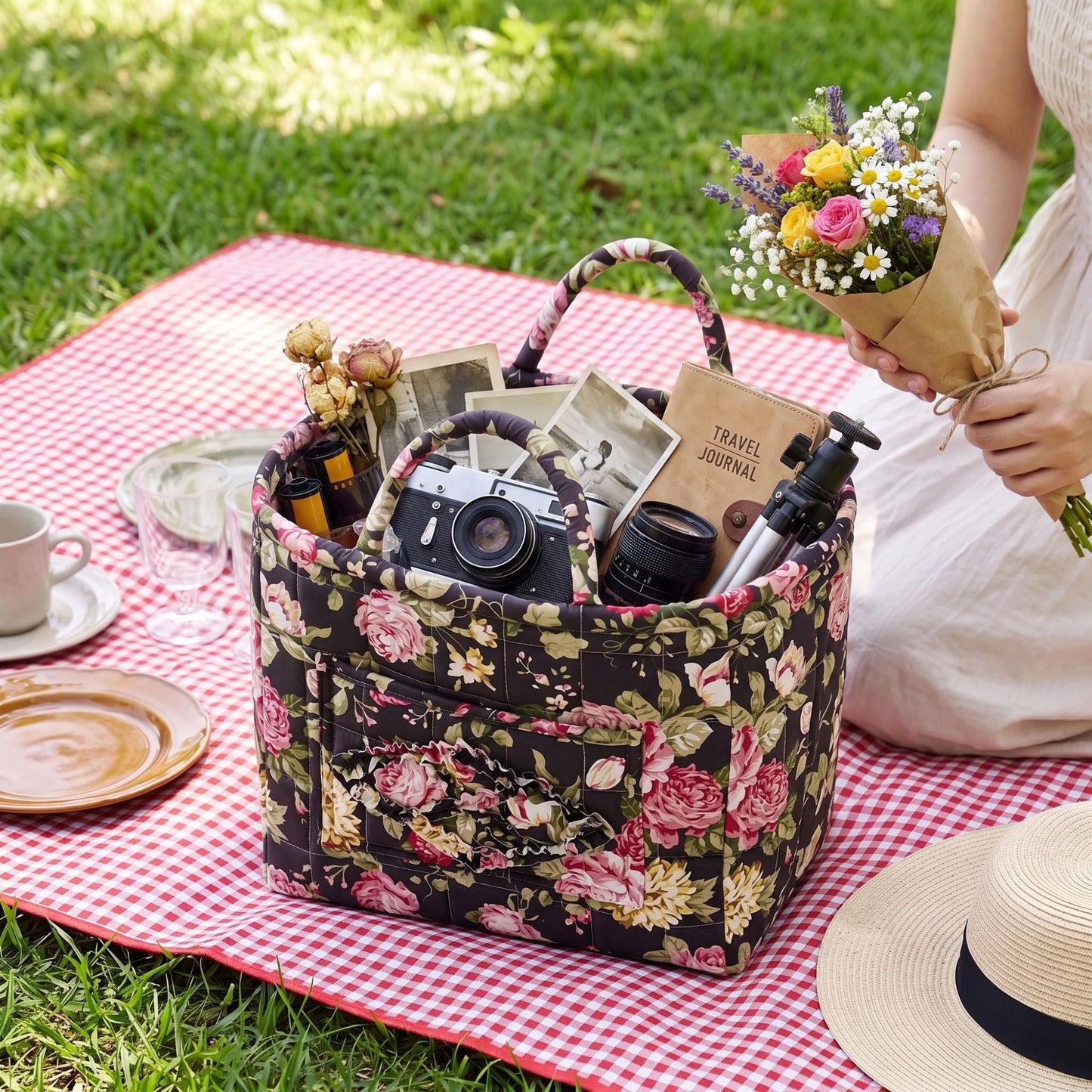 Quilted Floral Storage Basket with Handles and Front Pocket
