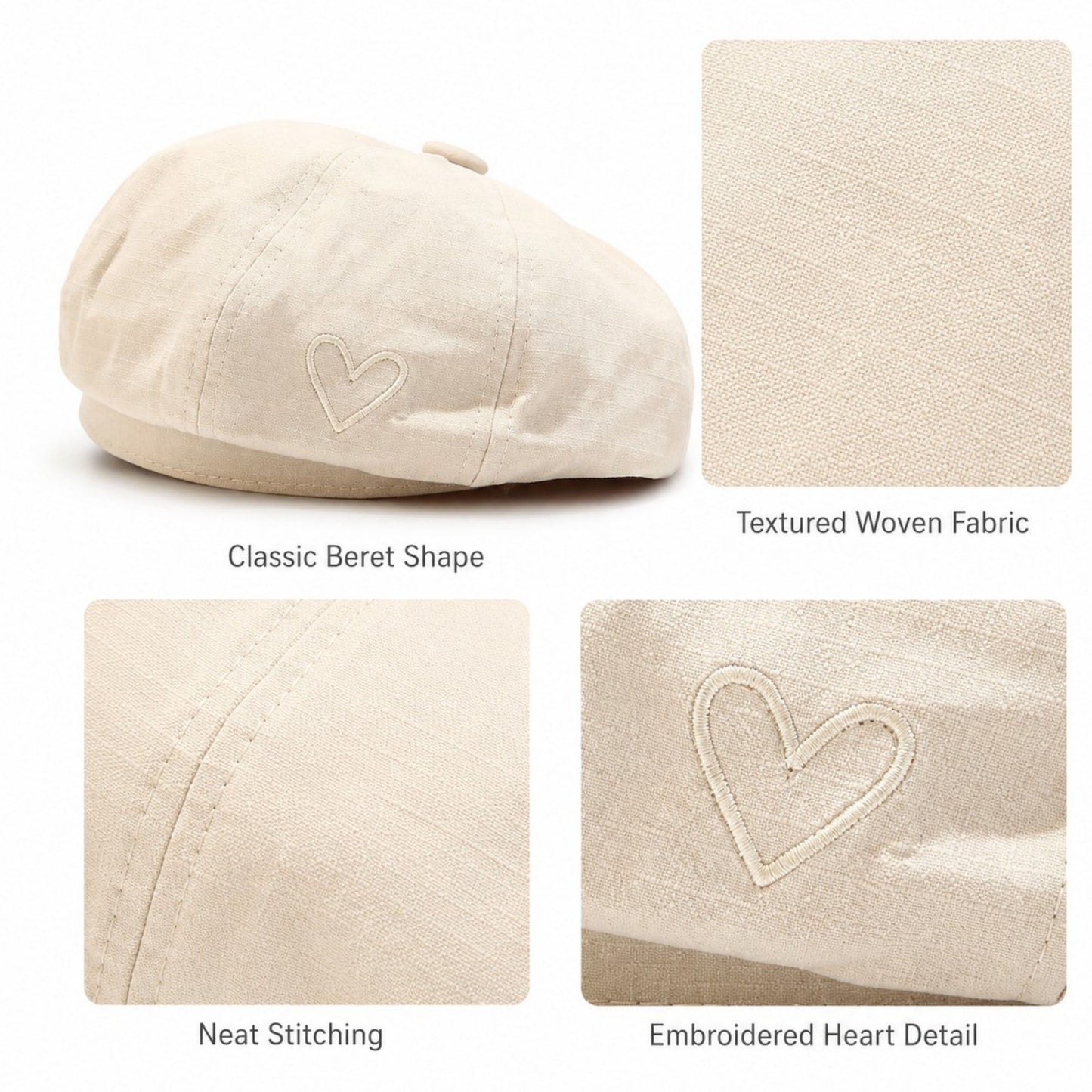 Heart Embroidered Newsboy Cap Textured Baker Boy Hat