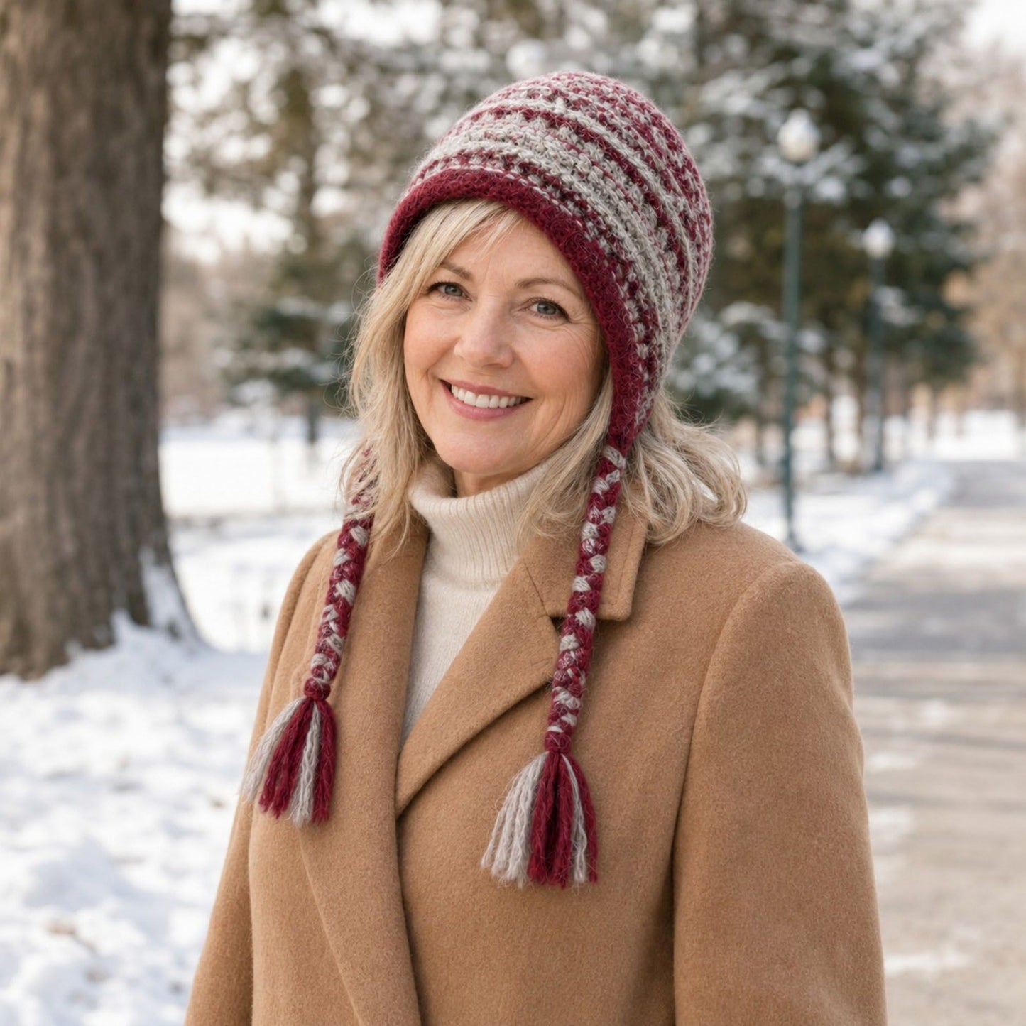 Patterned Knit Beanie with Braided Tassels