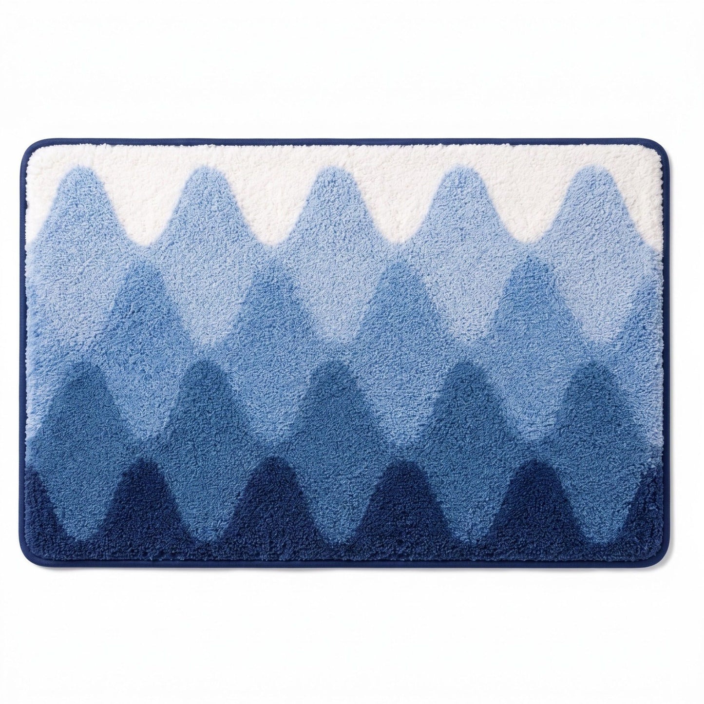 Blue Ombre Abstract Wave Plush Bathroom Mat with Soft Tufted Surface and Bound Edges