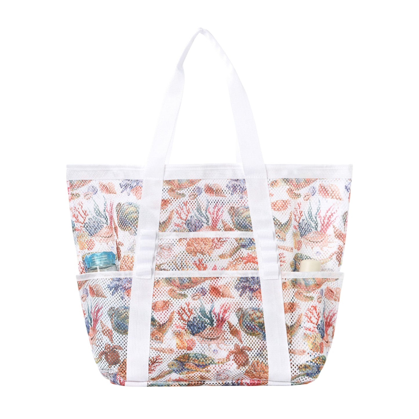 Mesh Beach Tote Bag with Beach Themed Print and Shoulder Handles