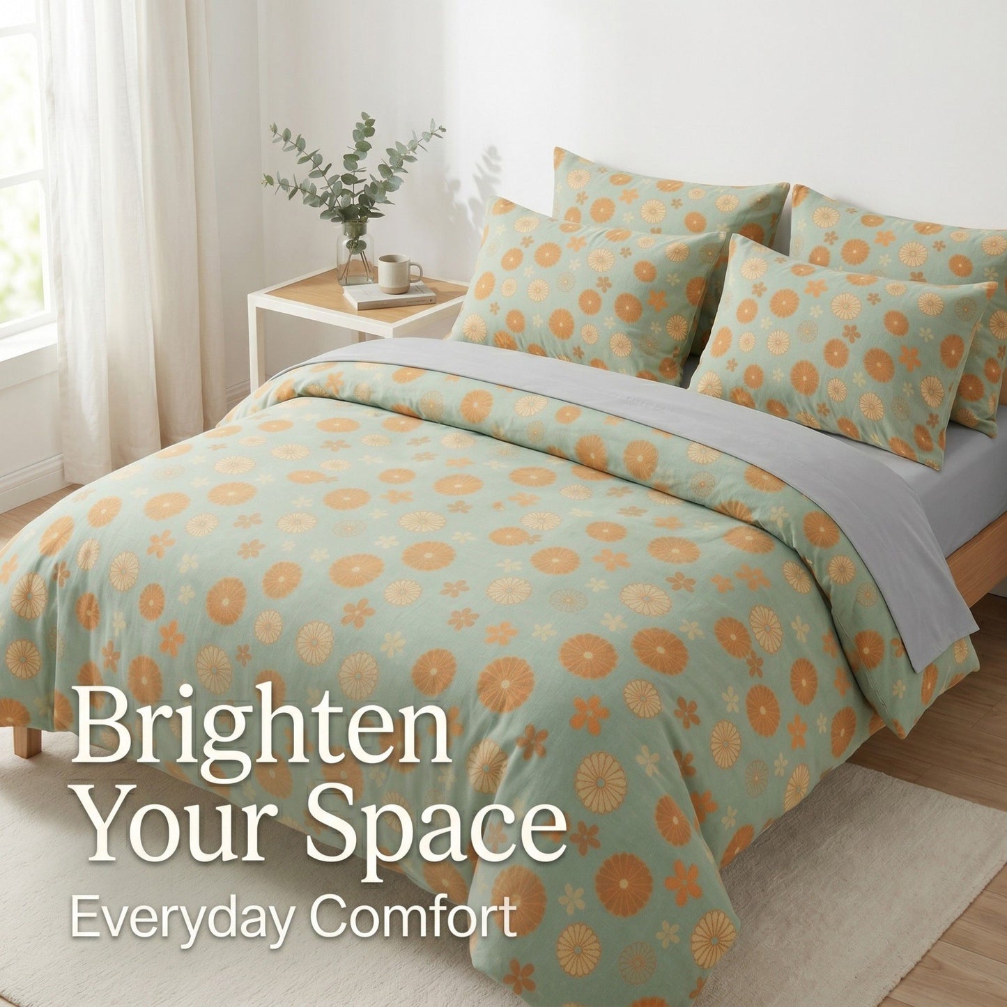 4-Piece Cotton Bedding Set with Floral Pattern Duvet Cover, Pillowcases, and Flat Sheet