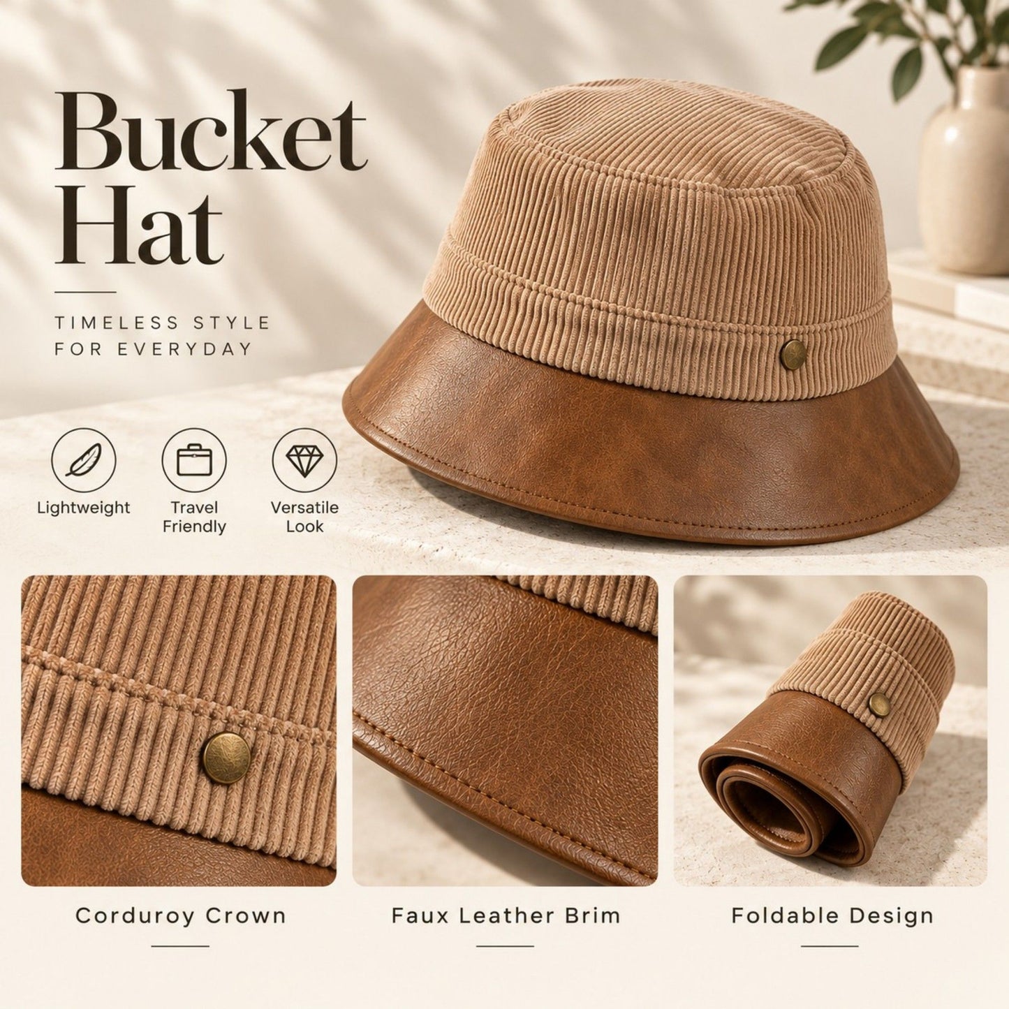 Corduroy Bucket Hat with Leather Look Brim Adjustable Fit