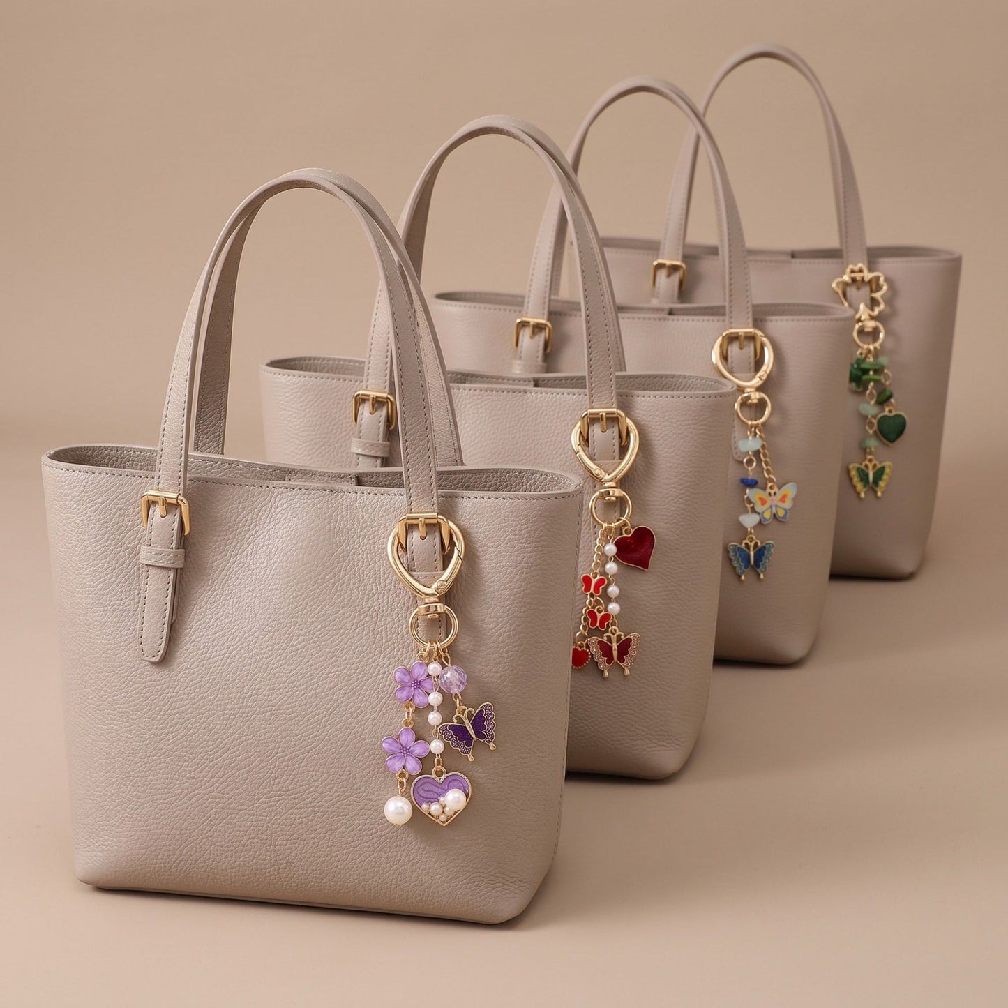 Enamel Butterfly & Floral Multi-Charm Bag Charm Key Chain 4-Piece Set