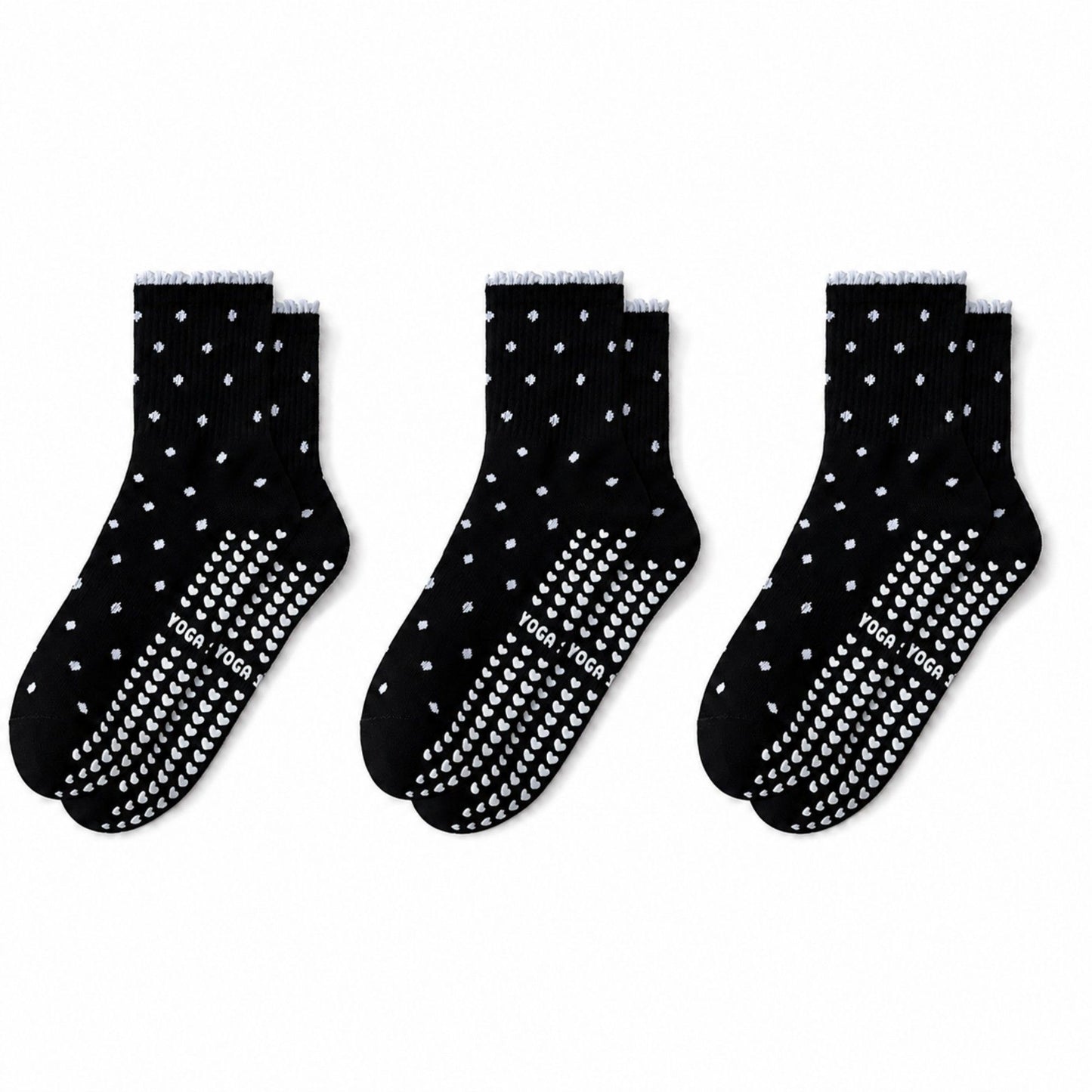 Non Slip Grip Crew Socks 3 Pair Pack Polka Dot Ruffle Cuff