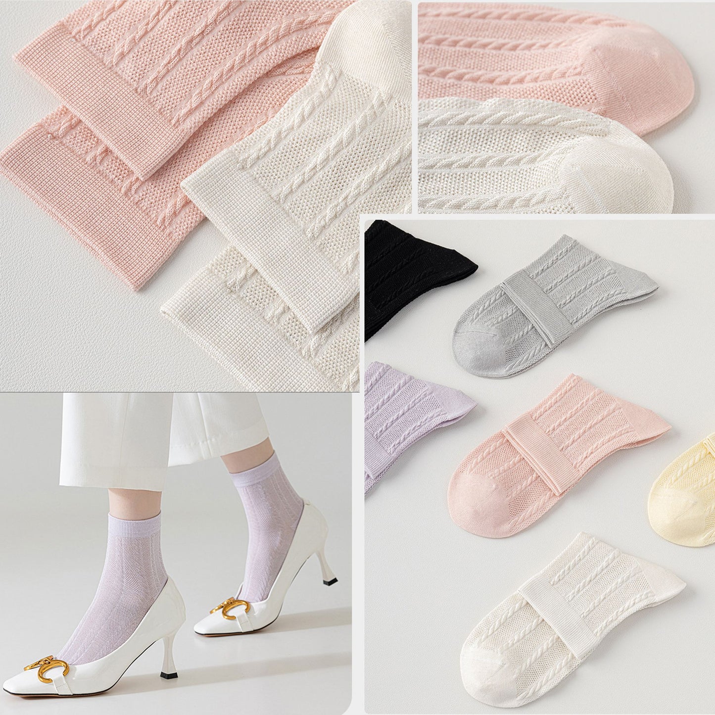 Womens Lightweight Breathable Crew Socks 4-Pack Delicate Knit Pattern Soft Stretch Comfort Fit