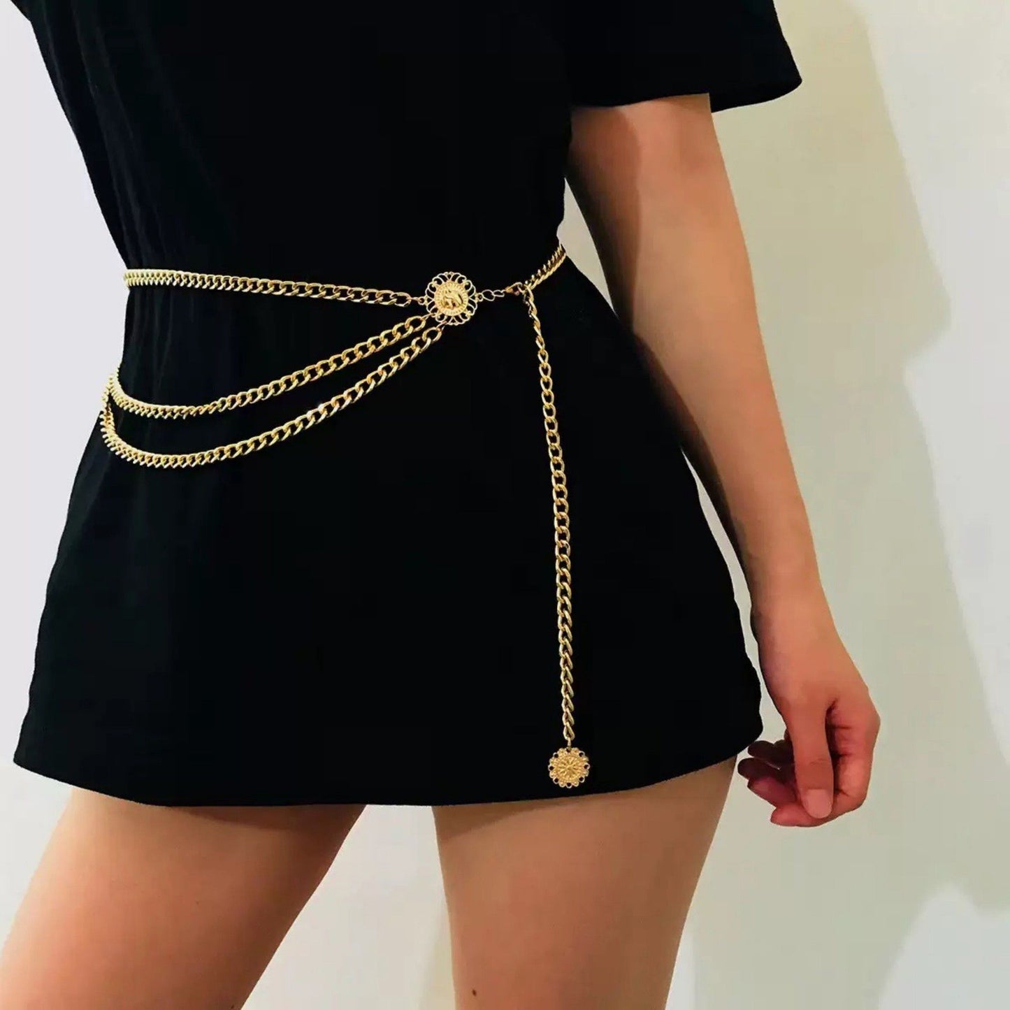 Layered Chain Waist Belt with Triple Draped Links and Decorative Medallion Accents for Stylish Detail 35.5in
