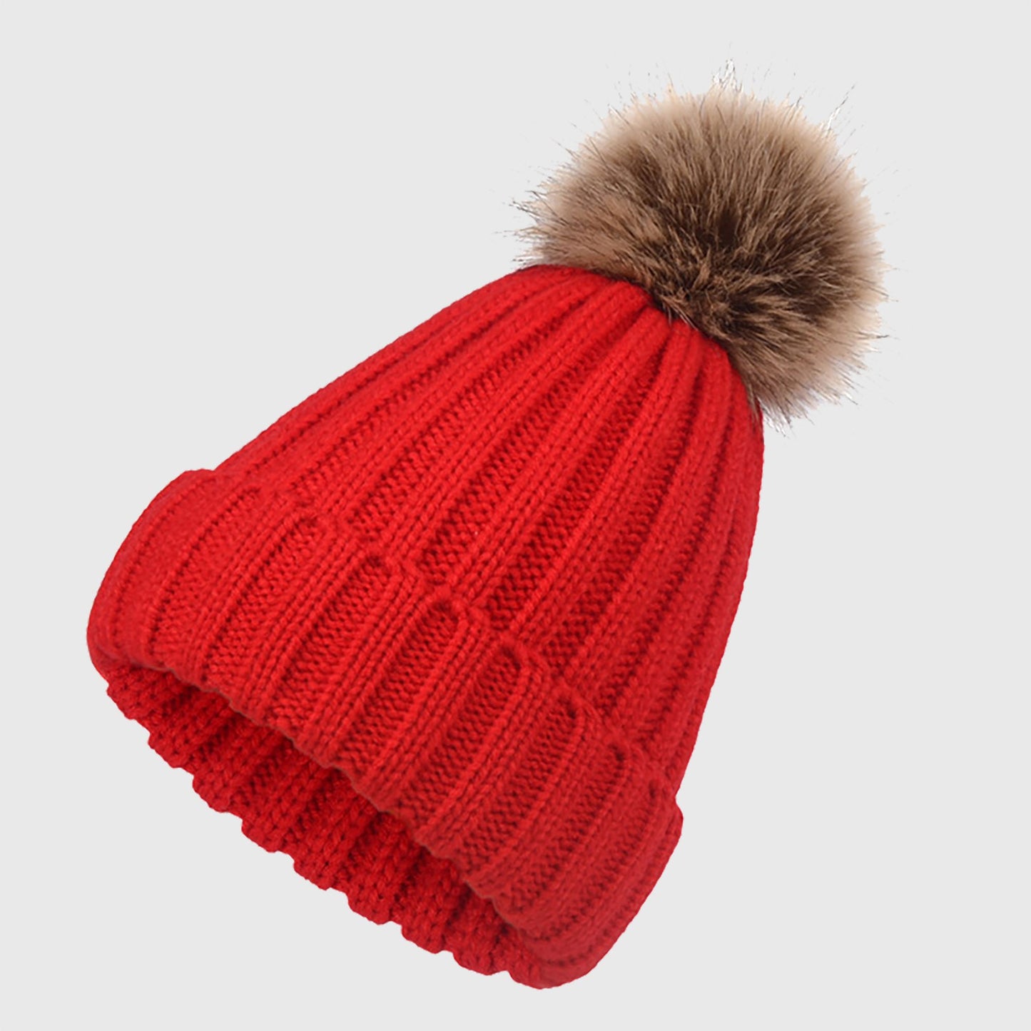 Cable Knit Beanie with Faux Fur Pom-Pom - Warm Stretchy Winter Hat for Casual Daily Wear